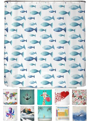 arteneur Anti-Schimmel Duschvorhang 180x200 cm Blaue Fische | Textil recycelt, OEKO-TEX 100, 40°C Maschinenwäsche, blickdicht, wasserdicht, beschwerter Saum, mit 12 recycelten Ringen