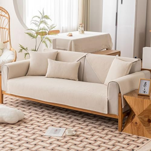 Sofaschoner Bezug Stoff aus Baumwolle und Leinen Weiß Bezug für Sitzkissen Kombinierte Sofakissen Erhältlich in Allen Jahreszeiten (Farbe : Weiss, Größe : 90x240cm)