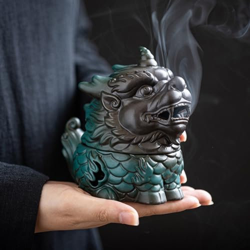 JARPSIRY Cute Smoking Dragon Statue Ceramic Incense Burner, Ancient Divine Beast Holder, Lucky Kylin Figurine Cone Home Aromatherapy Decoration for Spa Yoga Meditation