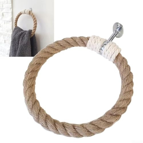 DAZZLEEX Handtuchhalter, nautischer Handtuchring, Kleiderbügel, Eisen, rustikaler Handtuchhalter, Hanfseil, Küche, Landhausdekoration