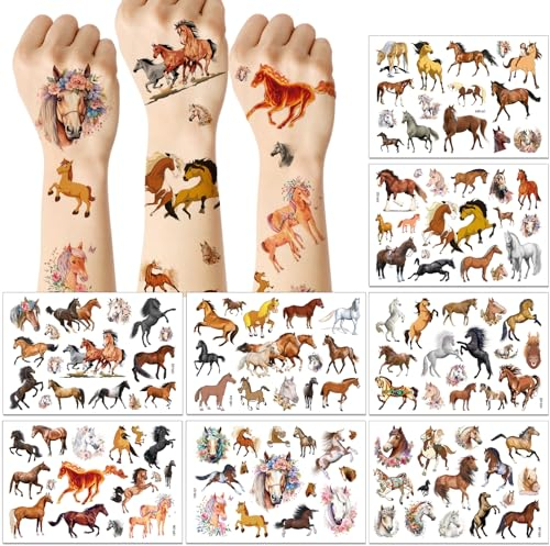 Pferde Tattoo für Kinder, 8 Blätter Sticker Pferde, Temporäre Tattoos Aufkleber, 180+ Stile Kindertattoos für Mädchen Jungen, Geburtstagsdeko Geschenk Kindergeburtstag Mitgebsel Party
