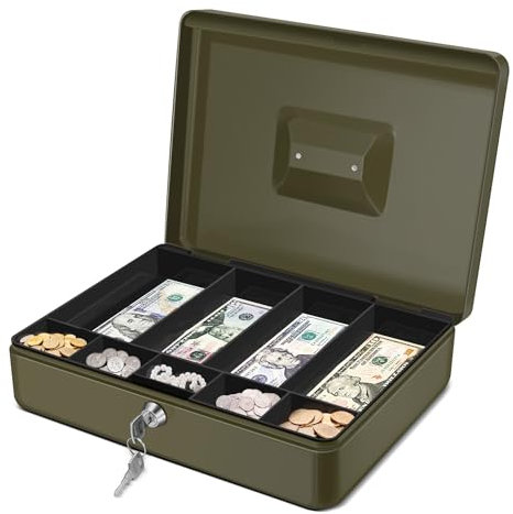 Flexzion Cash Box with Money Tray and Lock - Metal Cash Box for Small Businesses, 9-Compartment Green Money Box with Lock and Key for Petty Cash, Checks, Coins, Portable Money Box for Cash Storage