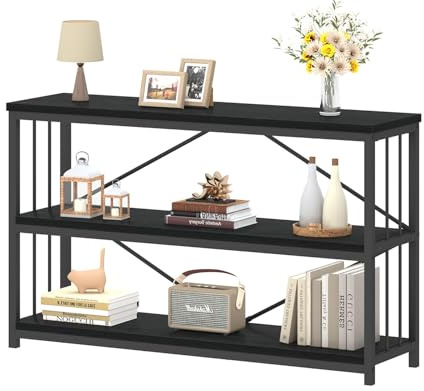 IBF Low Horizontal Book Shelf, Industrial Modern 3 Tier Bookshelf, Farmhouse Short Open Storage Organizer Long Shelf, Simple Wide Wood Metal Sturdy Etagere for Bedroom Living Room, Black Oak, 47 in