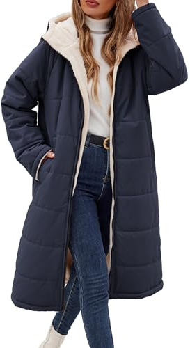 Vancavoo Abrigo Largo de Invierno para Mujer Reversible Chaqueta Acolchada con Capucha Cálido Gruesa Elegantes Abrigo de cordero con Forro Polar para Exteriores(Azul marino,S)