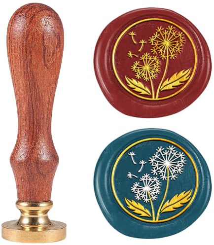 DELORIGIN Löwenzahn Wachs Siegel Stempel Siegelstempel Im Retro Stil 25mm Personalisiert Wachssiegel Blumen Motiv Abnehmbarer Messingkopf Mit Holzgriff Für Umschläge Grußkarten Briefe Einladungen