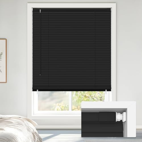 LazBlinds No Tools No Drill Cordless 1 Vinyl Mini Blinds, 100% Blackout Blinds for Indoor Windows, Room Darkening Privacy Window Blinds and Shades for Interior, 27 W x 64 H, Black