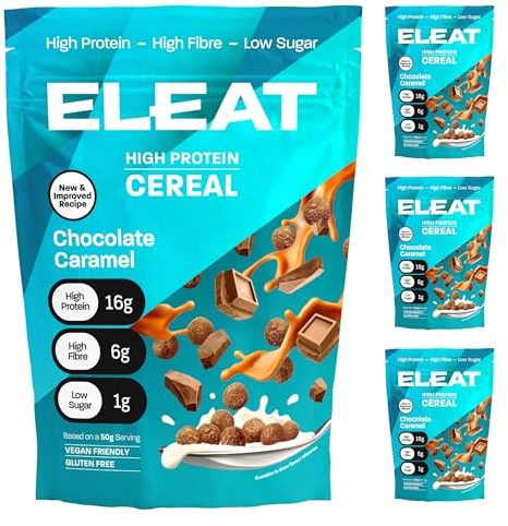 ELEAT | High Protein Low Sugar High Fibre Cereal | Chocolate Caramel | Muscle Recovery Healthy Gluten Free Vegan Breakfast | Complete Plant Protein | Low GI Carbs High Protein Cereals 4 x 250g