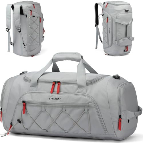 Lyweem 40L Sports Dufflel Bags for Men, Medium Gym Bag Backpack & Travel Duffle Holdall Bag with Shoes Compartment and Wet Pocket, 3 in 1 Carry On Overnight Weekend for Women, Grey