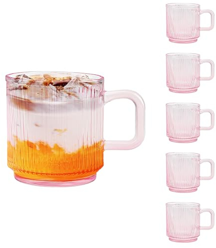 binsakao Glass Coffee Mugs 6 Pack - 340 ml Pink Coffee Cups with Handles - Classic Vertical Stripes Transparent Tea Cup Set for Hot Cold Beverages