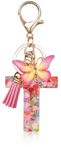 OSDUE Fashion Alphabet Initial Letter Keychain, Women Tassel Butterfly Pink Purple Cute Car Keyrin, Pink and Gold Resin Alphabet Keychain, Tassel Butterfly Pendant Key Ring for Wallet (J)
