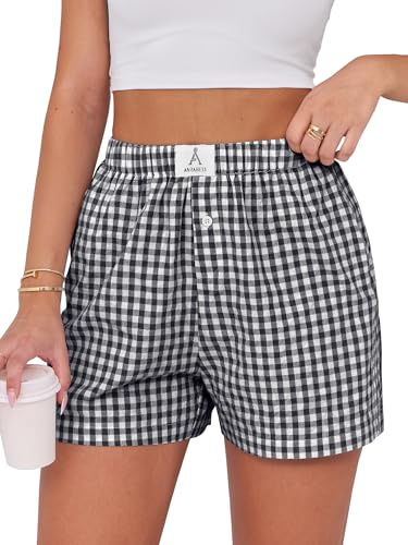 ANRABESS Women's Gingham Striped Pajama Boxer Shorts Black White Plaid Large
