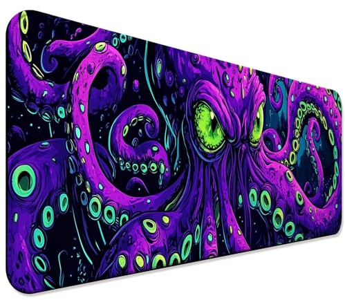 JIANG100 Mystic Purple Octopus Gaming Desk Mat, Extended Mouse Pad, XL | 31.5x11.8 in, XL, Non-Slip Rubber Base, Smooth Surface, Stitched Edges, Office Supplies and Accessories