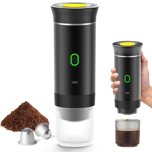 Kouamor Machine à expresso portable, machine à café électrique 3 en 1, grande capsule, petite capsule, poudre de café, pour camping, camping-car, bureau, maison, voiture (noir, 60 ml)