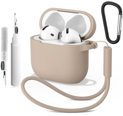 Custodia in silicone per AirPods 4 (2024) con penna di pulizia e moschettone e cordino, 2 mm, custodia sottile resistente agli urti, protezione antigraffio 4 in 1, kit Air Pods 4 generazione
