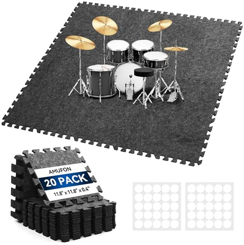20 Pcs Sound Absorbing Interlocking Floor Mats Pads, 11 x 11 x 0.4sound absorbing rug, Non-Slip Anti Vibration Sound Proof Puzzle Felt Padding, High Density Piano Carpet Drum Rug for Music Studio