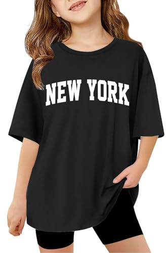 Girls Short Sleeve T Shirts Kids Round Neck Funny Girls Tshirts Teenage Comfy Summer Cartoon Cute Casual Sports Loose School Tunic Tops 3-14 Years (Black, 13-14 Years)