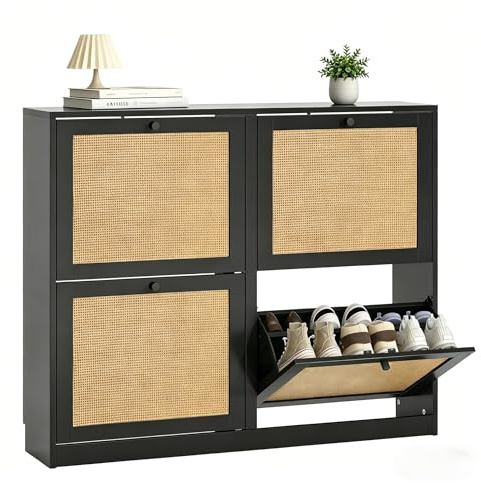 Yvsevnr Schuhschrank Schmal mit 4 Rattan Klappen Schuhkipper Geschlossen | Schuhkommode Flur für 16-24 Paar Schuhe, Kippschutz, Trennwand Verstellbar, für Wohnzimmer Schlafzimmer Eingang, Diele