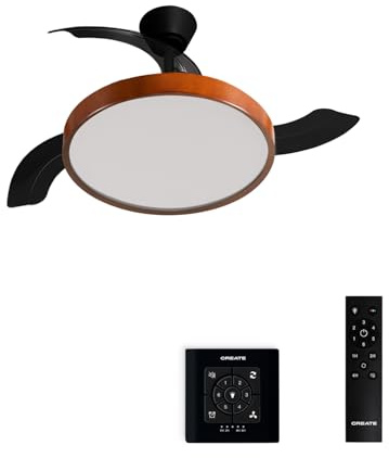 CREATE / WIND CLEAR STUDIO M/Ventilateur de plafond avec lumière noir et bois foncé avec commande murale et télécommande / 40W, Ø108 cm, pales rétractables, 3 températures de lumière