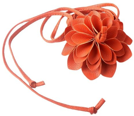 Blausky Boho Gürtel Damen,Dünner Taillengürtel Vintage Kleid Gürtel mit Groß Blume Hüftgürtel aus PU-Leder Verstellbarer Taillenkette Blumengürtel für Festival Party Hochzeit 210cm,Orange