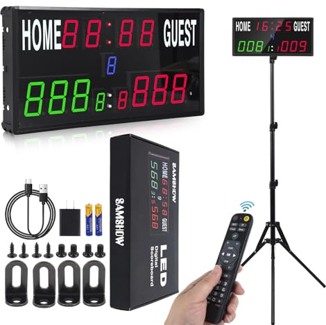 Samshow 2025 LED Electronic Scoreboard Digital Score Keeper with Remote & Tripod, Basketball Scoreboard with Shot Clock & Timer & 12/24h Real Time for Outdoor Yard Games/Corn Hole/ping Pong/Pickleball