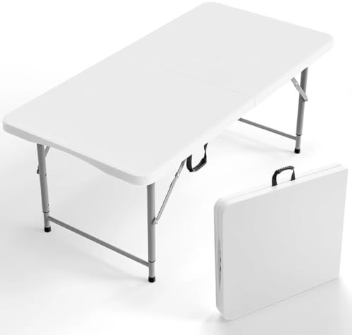 Healand 4 FT Plastic Folding Camping Table,3-Level Adjustable Height, Portable in/Outdoor Party Picnic Dining Desk, Garden Soccer