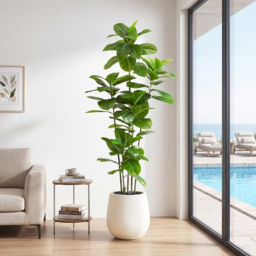 FSOHOI 6FT Artificial Ficus Tree, Indoor Fake Plant with White Planter | Large Artificial Fiddle Leaf Fig Tree|Tall Faux Plant with Realistic Green Leaves|Silk Floor Plant for Home & Office Decor