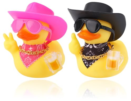 Fukaisu 2 Stück Neuartige Gummienten, Coole Gummienten mit Sonnenbrille, Halskette, Cowboyhut, Schal Süßes Autodekorationsaccessoire für Liebhaber, Freunde, Familie