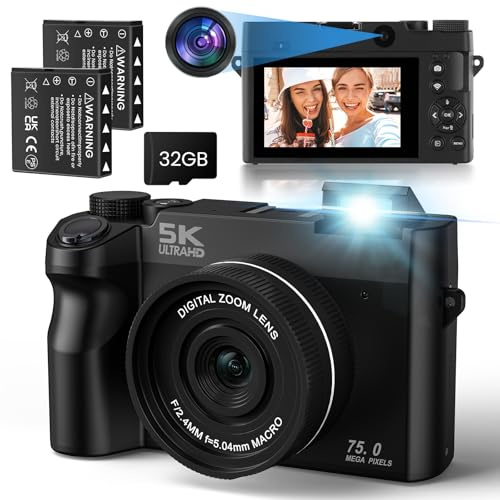 SOPPY Appareil photo numérique 5K, 75 MP améliorée avec fonction WiFi pour YouTube, zoom numérique 16x avec carte de 32 Go, 2 batteries, compact pour enfants, adolescents et débutants, noir