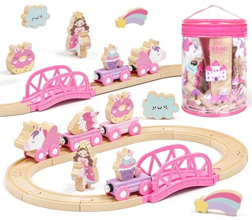 Lehoo Castle Wooden Train Set for Girls, Unicorn Train Set for Toddlers 2-4, Wooden Train Track with Storage Bag, Pink Train Fantasy Toys for 3 Year Old Girl Christmas Birthday Gifts
