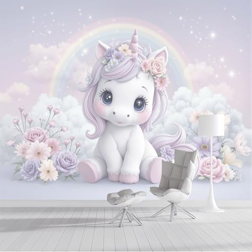 Regenbogenblumen Weißes Pferd Seide Fototapete 250x175cm, Niedliches Cartoon-Tier 3D Effekt Wandbilder Wand Dekoration Für Wohnzimmer Schlafzimmer TV Hintergrund, Hellrosa