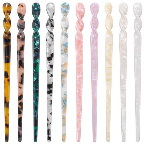 10-pack acetat hårpinnar för kvinnor, shimmeroo 10 färger sköldpaddsskal retro vacker kinesisk acetat hårpinne vintage fransk lång hårnål ätpinnar tillbehör för kvinnor flickor