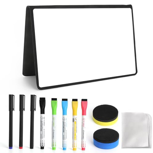 Pizarra Blanca A5 Reutilizable, con 8 lápices de colores, paño para el polvo y 2 esponja Pizarra Rotulador Borrable Cuaderno Whiteboard Portátil para Oficina, Escuela, Casa, Tareas y Dibujo