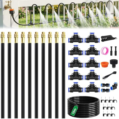 33FT Drip Irrigation Kit, 360° Adjustable Automatic Garden Watering System, 10 Bendable Copper Mist Nozzles, 5/8 Inch PE Tubing DIY Micro Sprinkler Outdoor Lawn Veg Patch Greenhouse Patio Balcony