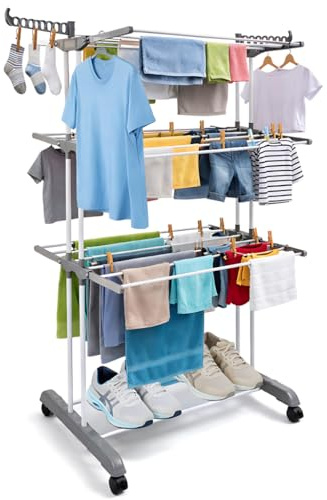 H&F Heimtextilien Turmwäscheständer 4 Etagen, platzsparend mit Rollen & Bremse – klappbarer Wäscheturm 72 x 64 x 170 cm, 14 Kleiderbügel-Haken, bis 50 kg