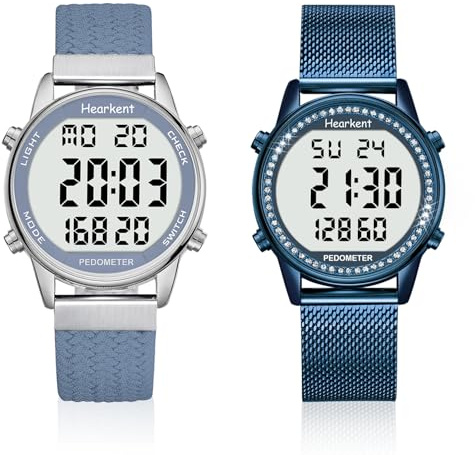 Hearkent Pedometer Watch for Women Nylon Strap Blue & Ladies Digital Watch with Crystal Set Case Dark Blue