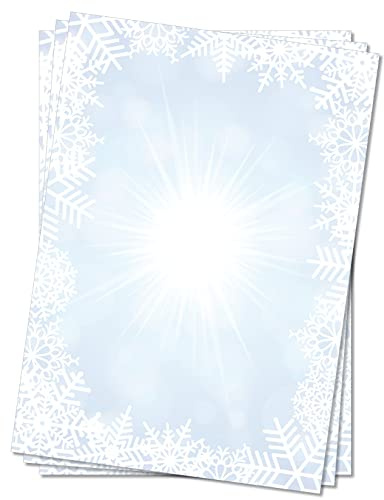 LYSCO Motivpapier Briefpapier (Winter-5079, DIN A4 25 Blatt) Eiskristalle Schnee Sterne Sonne blau weiß