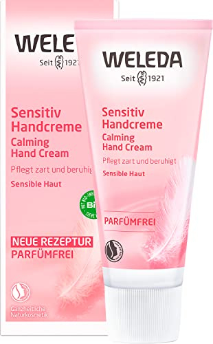 WELEDA Bio Handcreme Sensitiv - parfümfreie Naturkosmetik Handpflege Creme für sensible, empfindliche Haut, Nachhaltige, vegane Feuchtigkeitscreme mit Jojobaöl & Kokosöl für Frauen & Männer (1x50ml)
