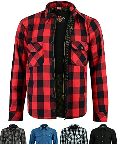 Texpeed Chemises de moto pour hommes avec protections - Veste de motard été chemise à carreaux en flanelle fabriquée avec Aramid - Protection (EN 1621-1) - Rouge - M