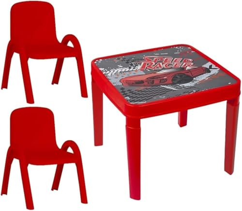 A406 Toddler Plastic Table and Chairs for Children Kids Plastic Nursery Set Outdoor indoor (Red, Table + 2 Chairs)