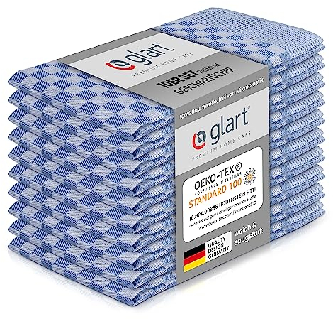 Set de 10 toallas de cocina Glart 48SB 50x70 cm de 100% algodón en azul, certificado OEKO-TEX Standard 100, sin pelusa, lavable, prelavado para la cocina y el lavado.
