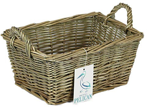 Small grey shelf baskets in natural wicker. Bedroom makeup, toiletries, jewellery and trinkets. Kitchen storage, vegetables, bread. (32cm, Grey)