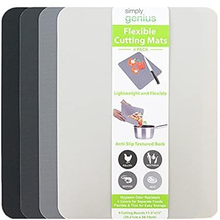 Simply Genius Flexible Rectangular Cutting Board Set - Dishwasher-Safe Kitchen Cutting Mat - Textured-Grip Flexible Surface - Odor-Resistant Plastic Chopping Mat - 4-Pack, 11.5 x 15 in, Gray