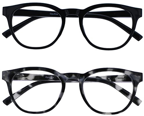 OPULIZE BLU Blaulichtfilter Lesebrille für Damen Herren, Blendfreie UV400-Schutz Federscharnier Anti-Müdigkeit, Runder Rahmen, Computerbrillen Gaming, 2er-Pack Schwarz Grau Schildpatt +1,50