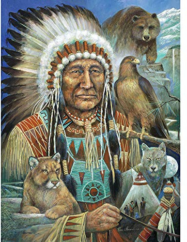 Bits and Pieces – Chief Sitting Bear Jigsaw Puzzle for Adults – Native American Chief with Animal Spirits, Wolf, Eagle, and Tent by Artist Ruane Manning – Unique Random-Cut Pieces (500 Piece Puzzle)