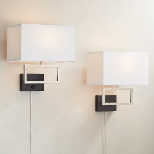 Possini Euro Design Trixie Modern Wall Lamps Set of 2 Brushed Nickel Plug-in 12 Fixture Rectangular Cotton Blend Fabric Shade for Bedroom House Reading Living Room Home