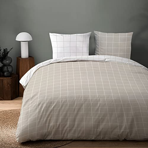 MATT & ROSE Parure de Lit 140x200 cm Checks Imprimée Réversible | 100% Coton | Oeko-TEX | Housse de Couette 140x200 cm + 1 Taie d'oreiller 65x65 cm | Grège