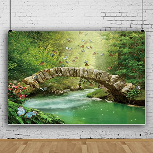 Bovlleetd 10x6.5ft Natural Scene Photography Background Stone Arch Bridge Green Stream Flash Water Backdrop Green Forest Colored Butterfly Background for Studio Photography Props