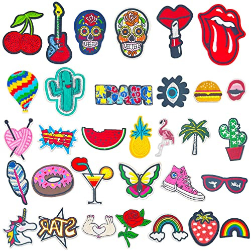 32 pcs Patches zum aufbügeln,Aufnäher zum Aufbügeln für DIY Patches zum Aufbügeln Applikation Flicken zum Aufbügeln Patch Sticker Jeans Kleidung Patches Pflanzen Tiere Cartoon