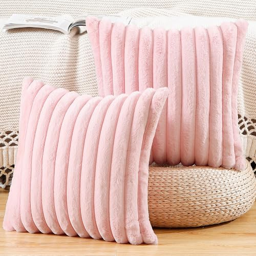 Madizz Set of 2 Faux Fur Plush Decorative Throw Pillow Covers 18x18 inch, 45x45 cm, Pink Fluffy Striped Soft Decorative Cushion Cover for Sofa Bedroom Pillow Shell