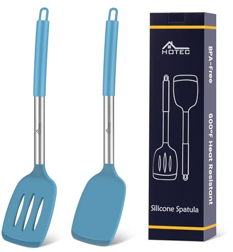 HOTEC Set di 2 spatole in silicone resistenti al calore fino a 315,6 °C e senza BPA, per saptulaTurner da cucina con manici in acciaio inossidabile, spatole scanalate e solide, per pentole